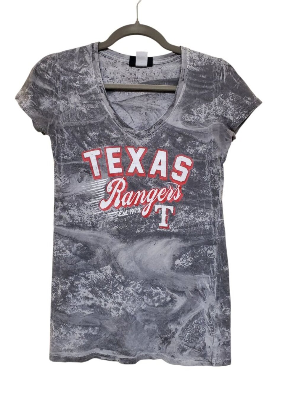 5th & Ocean Women's Texas Rangers MLB Gray Tie Dye Fitted V-neck Babydoll Tee S